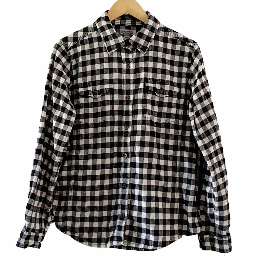 Carhartt Flannel Button Down Shirt Plaid Black Off White Womens Large 12/14